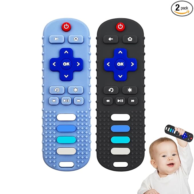 YAPROM 2Pcs Silicone Teething Toys, TV Remote Teether Toys for Baby Remote Teething Toys, Silicone Toy Remote for Infant&Toddler Boys Girls BPA Free/Refrigerator Safe