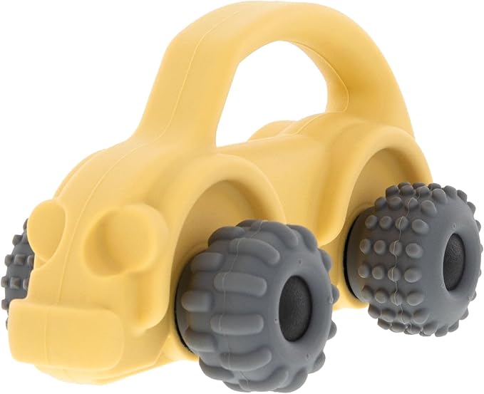 Nuby Silicone Teether Toy for Babies - Textured Teething Yellow Bug Car with Moving Wheels - Soothes Sore Gums - Encourages Tactile Development and Hand-Eye Coordination - Ages 6+ Months