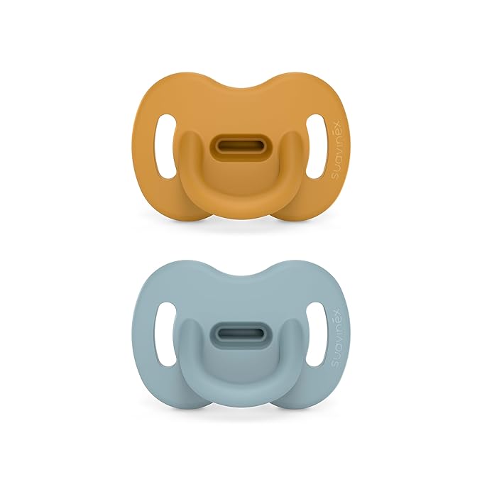 Color Essence SX PRO Silicone Baby Pacifier 2Pk, Made with 100% Soft Silicone, Baby Essentials Perfect for Breastfeeding Babies, Designed in Spain, 0-6 Mths, Mustard/Blue
