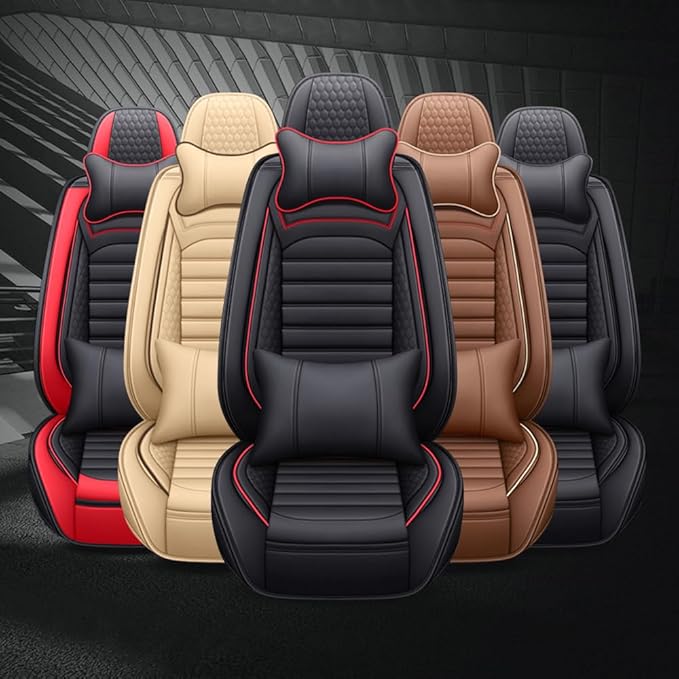 Leather Car Seat Covers for Toyota Corolla 2006-2024,Car Seat Covers Full Set,Seat Covers with Safety,Waterproof Seat Cover Compatible Airbag(5pcs Black&Red Bars Luxury)