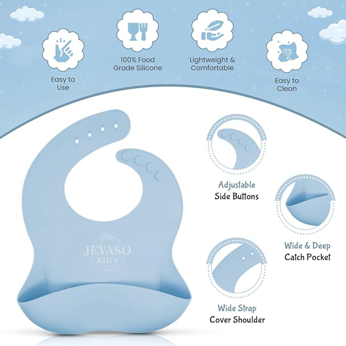 JEVASO Silicone Baby Feeding Set, Baby Led Weaning Supplies, Baby Self Feeding Essentials Suction Bowl Divided Plate Baby Bibs Spoons Forks Sippy Cup Teether, Toddler Eating Utensils for 6+ Months