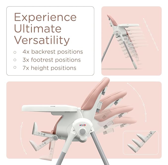 KÜB 3-in-1 Foldable Baby High Chair, 7 Height & 4 Recline Adjustable Seat & Tray for Easy Clean, 2 Locking Wheels, Multifunctional Infant High Chairs for Babies and Toddlers (Pink, with Toys)