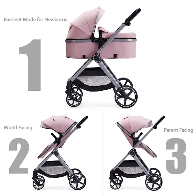2 in 1 Baby Stroller, Newborn Infant Toddler Convertible Pram Stroller for 0-36 Months Old Babies (Pink)