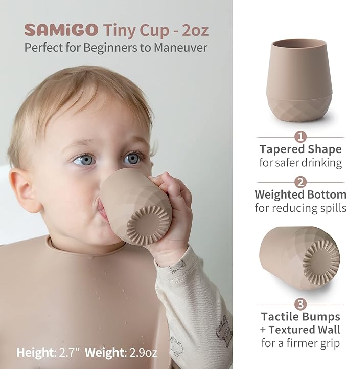 SAMiGO Silicone Baby Utensils - Self Feeding Spoons and Tiny Training Cup - First Stage Baby Led Weaning Supplies for 6 Months+ Infants - Set of 4