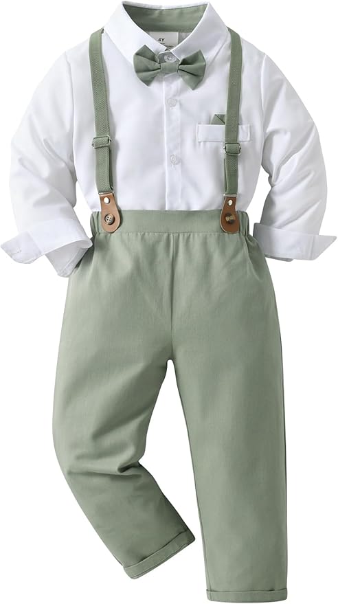 Boarnseorl Baby Boys Pants Sets,Toddler Gentleman Outfits, Infant Long Sleeve Shirt + Pants + Bow Tie + Suspenders