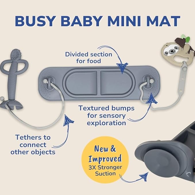 BUSY BABY Silicone Mat Bundle - 1 Original Mat Plus 1 Mini Mat, New Stronger Suction Cups, 6 Straps to Secure Baby Essentials and Keep Them Off The Floor, Baby Led Weaning, Wet Bag Included (Pewter)