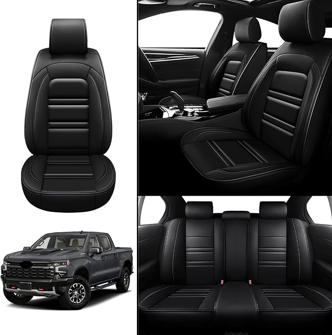 Seat Covers for Chevy Silverado 1500 2007-2025 | 5-Seats Leather Seat Covers, Easy to Install Automotive Seat Covers Full Set (Full Set, Black)