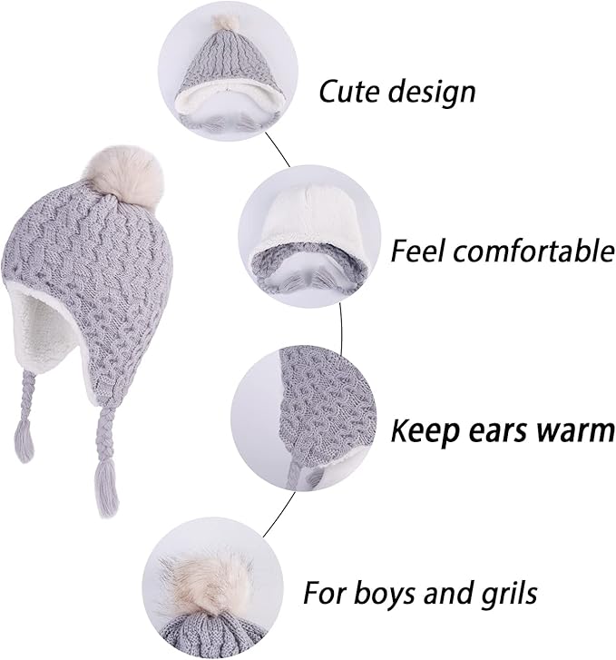LANGZHEN Toddler Kids Infant Winter Hat,Earflap Knit Warm Cap Fleece Lined Beanie for Baby Boys Girls