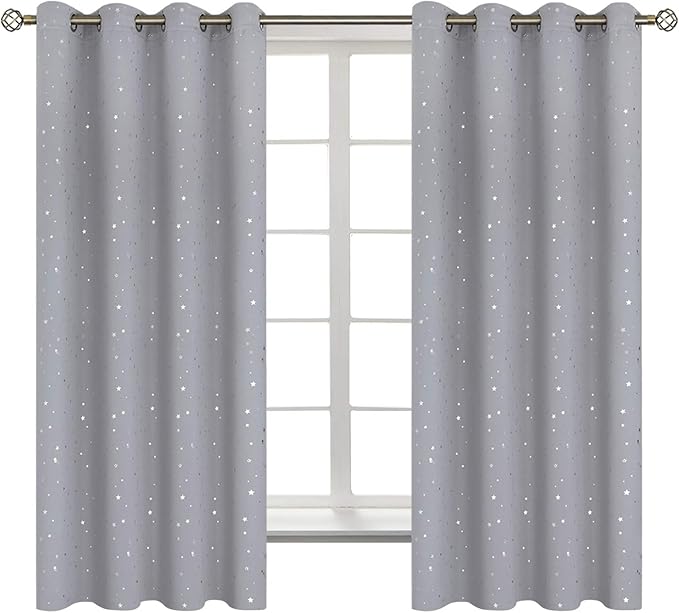 BGment Light Grey Star Blackout Curtains for Kid's Bedroom - Grommet Thermal Insulated Room Darkening Printed Curtains for Living Room, Set of 2 Panels (52 x 63 Inch, Light Grey)