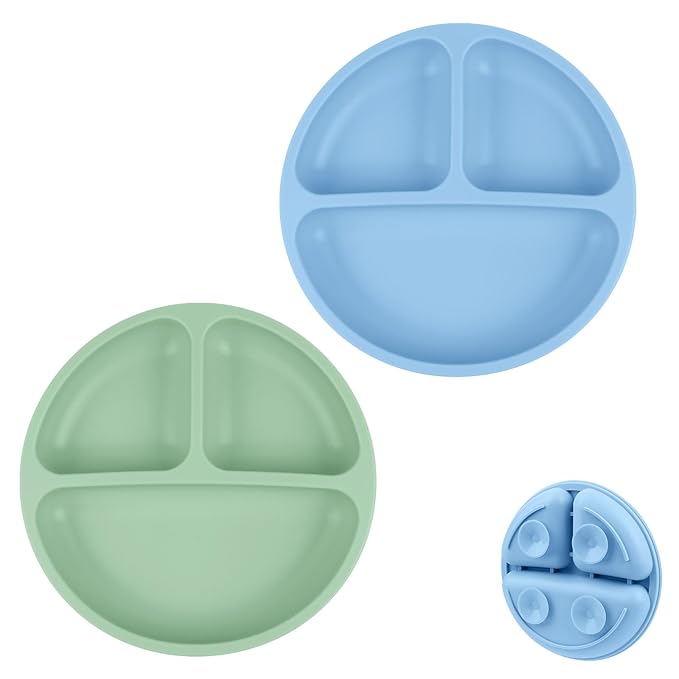 Vicloon Suction Plates, 2 Pcs Baby Toddler Plate, 100% Food Grade Silicone BPA Free Baby Plates, Divided Plate Design, Silicone Grip Dish Microwave & Dishwasher Safe