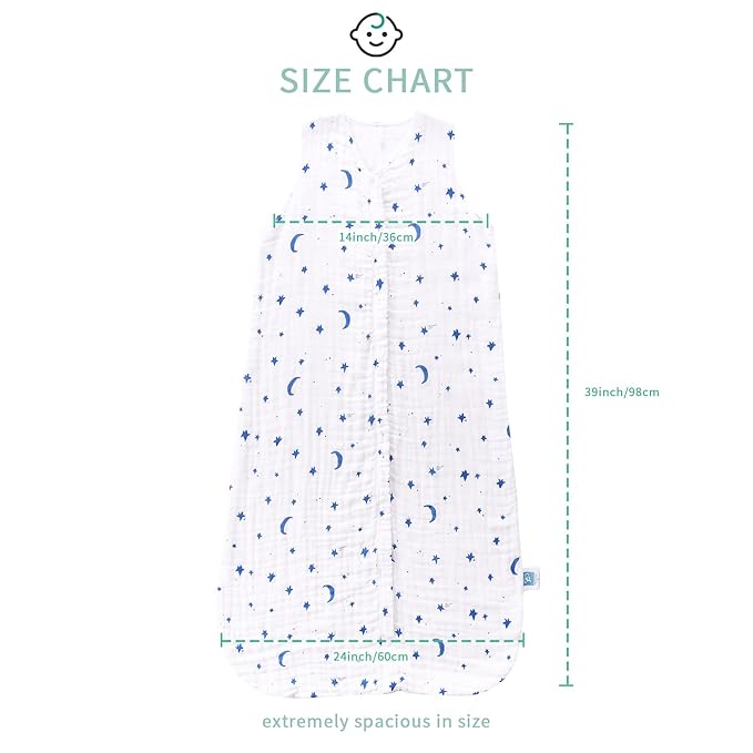 TADO MUSLIN Toddler Sleep Sack 2-4T, 0.5 TOG Lightweight Wearable Blanket for Baby, 100% Organic Cotton Muslin 4 Layers, Sleeveless Sleeping Bag, 2-Way YKK Zipper, OEKO-TEX Certified, Blue Star Moon