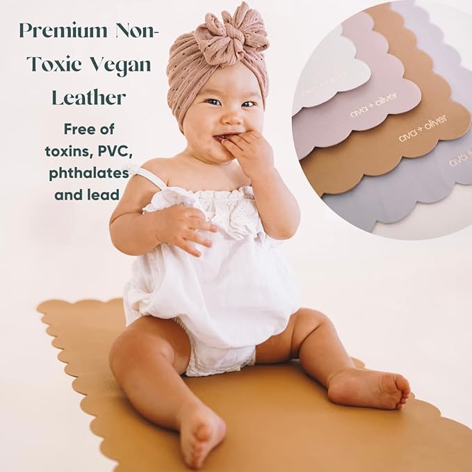 Ava + Oliver Vegan Leather Baby Changing Mat (16 X 30 in) - Multipurpose Wipeable and Portable Diaper Mat - Foldable for Travel (Tan Scallop)