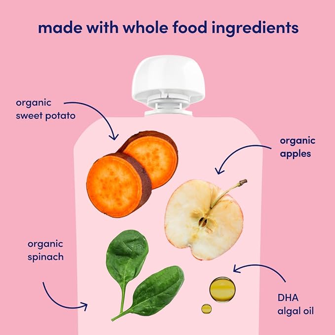 Cerebelly Organic Baby Food Pouches, Spinach Apple Sweet Potato Purees, 16 Nutrients, No Added Sugar, Fiber & Non-GMO, 4oz, 12 Pack