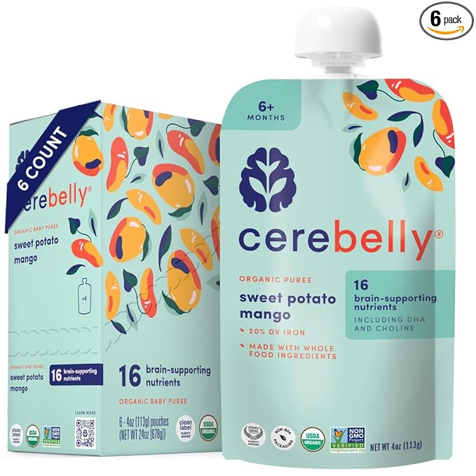Cerebelly Organic Baby Food Pouches, Sweet Potato Mango Purees, 16 Nutrients, No Added Sugar, Fiber & Non-GMO, 4oz, 6 Pack