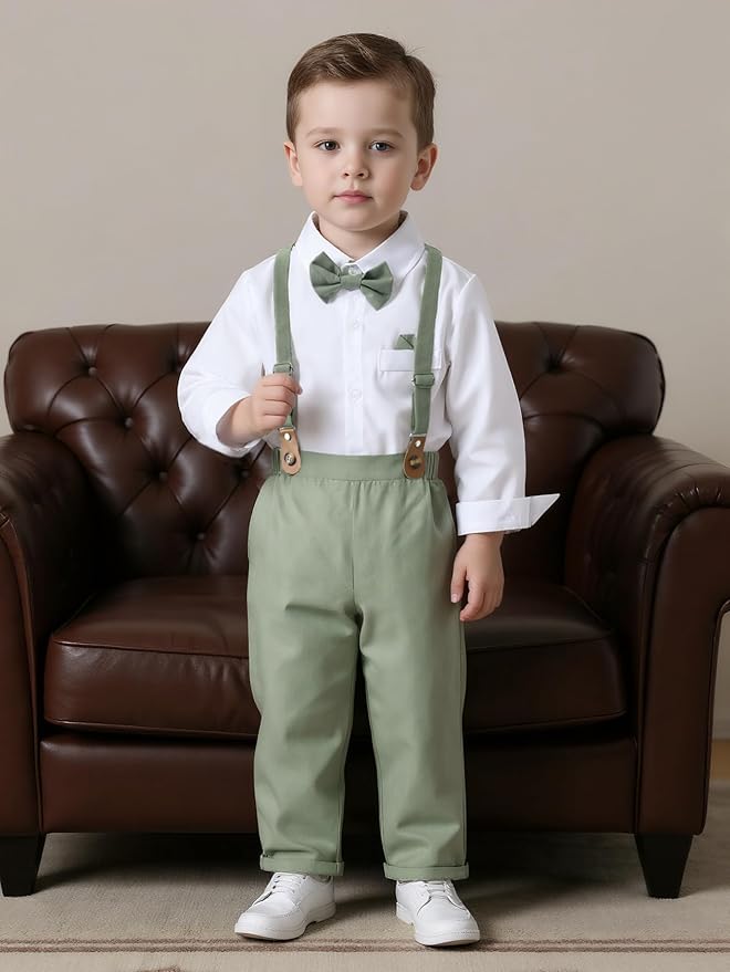Boarnseorl Baby Boys Pants Sets,Toddler Gentleman Outfits, Infant Long Sleeve Shirt + Pants + Bow Tie + Suspenders