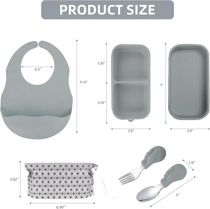 Travel Silicone Baby Feeding Set with 316 Stainless Steel Spoon & Fork,Silicone Suction Plates, Foldable Bib, Storage Bag - Portable Infant Toddler Utensils, 6-Piece BPA-Free Dishware Kit（gray）