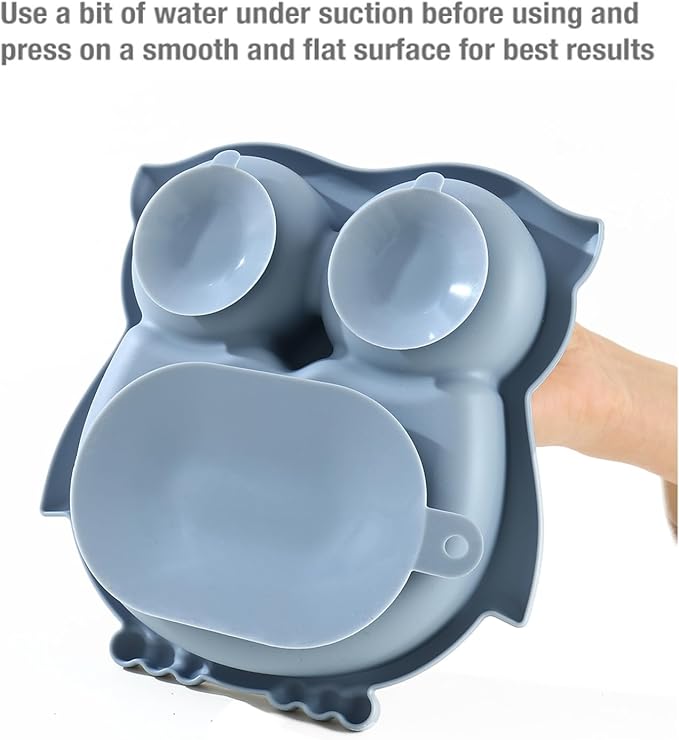 PandaEar Toddler Suction Plates, Stay Put Divided Baby Plates, Owl Shape BPA-Free 100% Food-Grade Silicone Unbreakable Baby Plate, Baby Feeding Supplies (Blue)