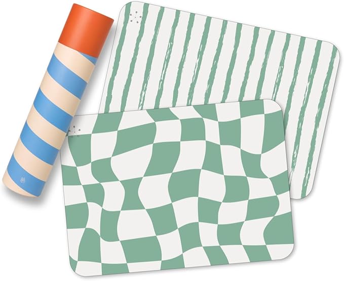 APLAINR Proud Placemats, Silicone Placemats for Babies, Toddlers & Kids, Activity Mats for Children, Checkered and Stripe Patterns, Non Slip, 16 x 12 inch, Set of 2, Matcha Green