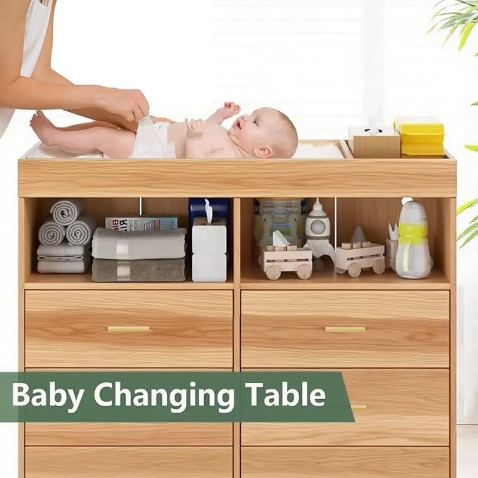 GarveeHome Dresser for Bedroom with 6 Drawers, Baby Changing Table Dresser with Changing Pad, LED Lights & Charging Station, Baby Changing Station with Changing Table Top