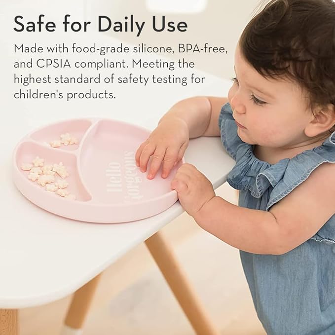 Bella Tunno Suction Plate for Babies & Toddlers, Self-Feeding Dish for Baby Led Weaning, Silicone Divided Plate, Sticks to Highchair Trays & Tables, Microwave & Dishwasher Safe, What’s on the Menu