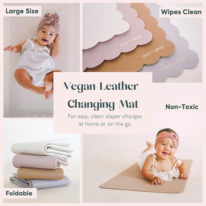 Ava + Oliver Vegan Leather Baby Changing Mat (16 X 30 in) - Multipurpose Wipeable and Portable Diaper Changing Mat - Foldable Travel Changing Mat (Grey)