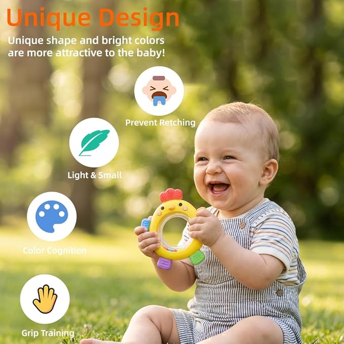 Baby Teether Rattle Toy,Babies Teething Rings Toys for 0-6 6-12 Months,Chicken Shape Textured Silicone Chew Toy for Gum Relief,Silicone Teether,BPA Free Baby Chew Toys Newborn Accessories