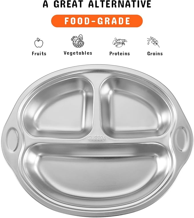 Stainless Steel Baby Suction Plates Divided Plates for Babies and Toddlers, Made of 100% Food-Grade Materials Ideal for Baby-Led Weaning BPA-Free Toddler Feeding Dishwasher Safe Orange-pink
