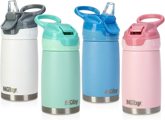 Nuby Thirsty Kids No Spill Flip-It Reflex Stainless Steel Travel Cup or Water Bottle - 10 Oz - 18+ Months - Blue - Back to School Essentials