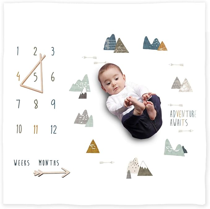 100% Organic Cotton Muslin Monthly Baby Milestone Blanket with Wooden Hello World Newborn Sign, Newborn Photography Props, Birth Announcement Sign, Eucalyptus