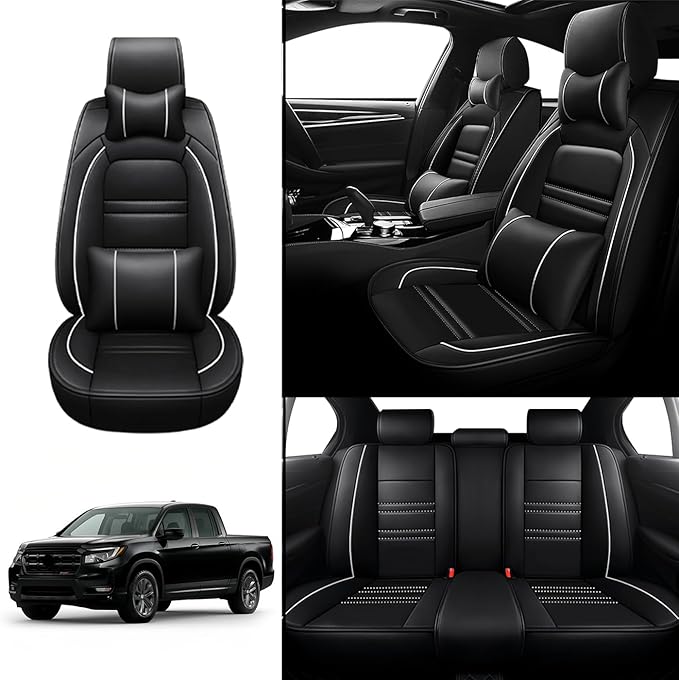 Car Seat Covers for Honda Ridgeline 2006-2025 | 5-Seats Seat Covers, Waterproof Seat Protectors, Automotive Seat Covers (Full Set with Pillow,Black&White Line)