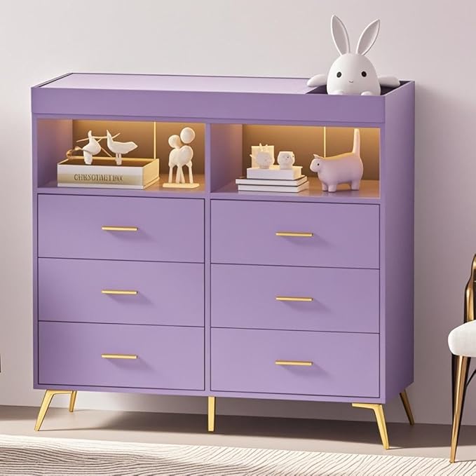 GarveeHome Dresser for Bedroom with 6 Drawers, Baby Changing Table Dresser with Changing Pad, LED Lights & Charging Station, Baby Changing Station with Changing Table Top