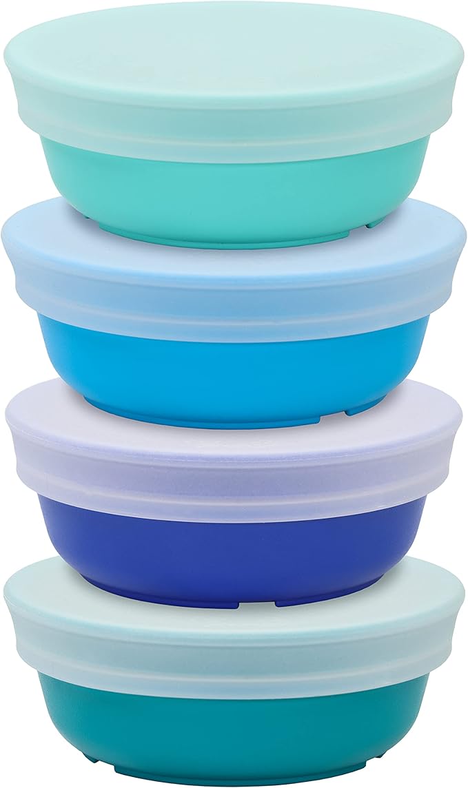 Re-Play 12 oz. Toddler Bowls Set of 4 with Lids - Kids Deep-Walled, Durable & Reusable Snack and Meal Bowls, Dishwasher & Microwave Safe, BPA-Free, Made in USA from Recycled Plastic, True Blue