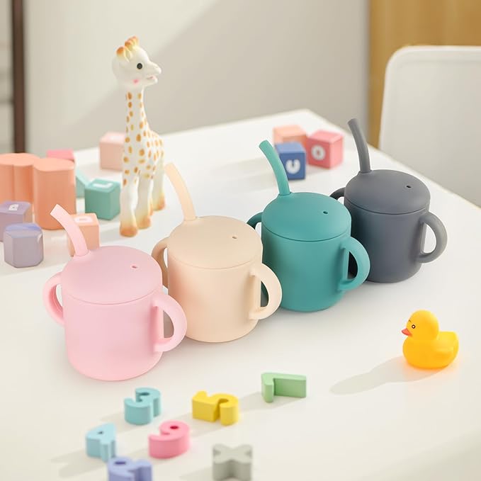 Silicone Baby Cup with Straw, Straw Cup for 6 Months+, Leak Proof, 6 fl oz (Grey)