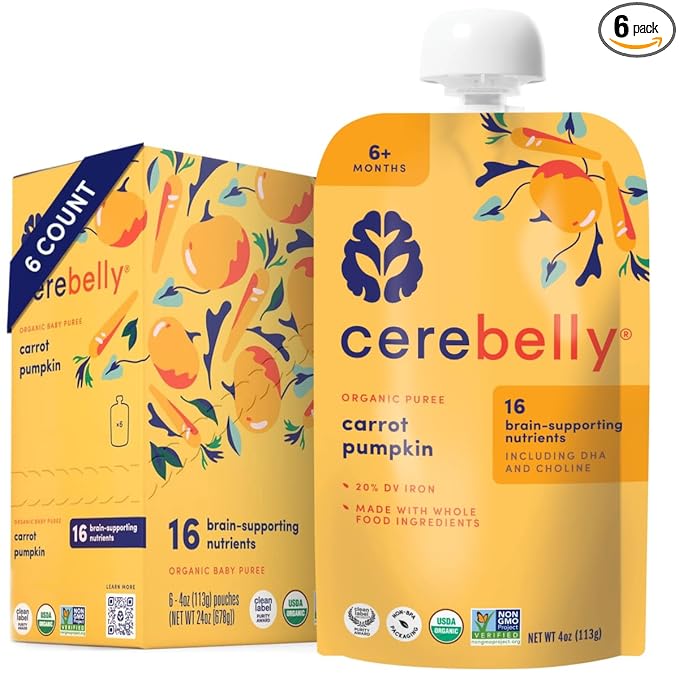 Cerebelly Organic Baby Food Pouches, Carrot Pumpkin Purees, 16 Nutrients, No Added Sugar, Fiber & Non-GMO, 4oz, 6 Pack