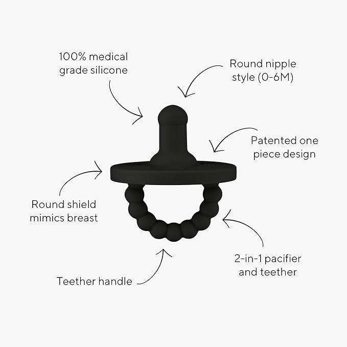Ryan & Rose Cutie PAT Pacifier Teether 3 Pack and Flex Clip (Stage 1, Black)