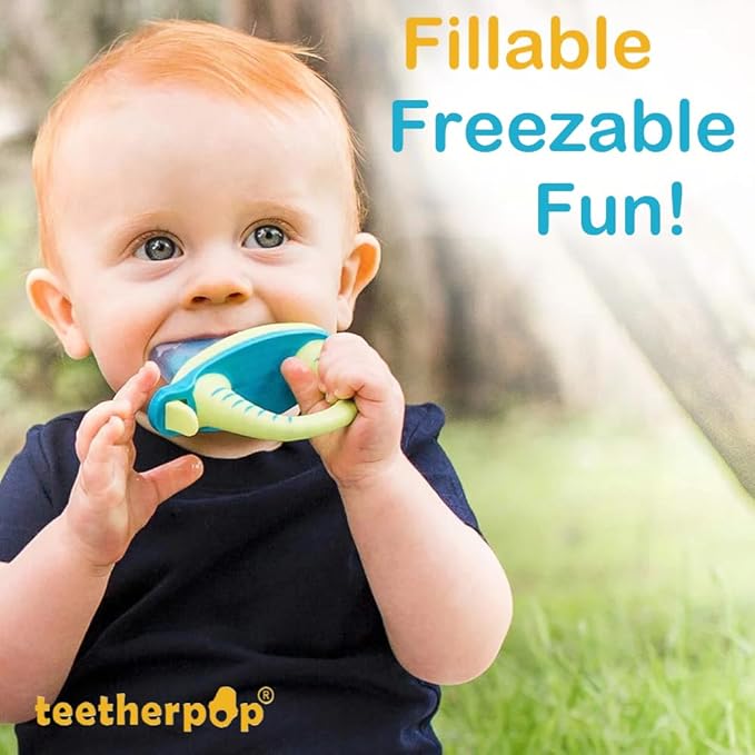 Teetherpop Fillable Silicone Teether for Babies – Breastmilk Popsicle Molds for Teething with Spill-Proof Sippy Slits – Freezable Baby Teethers for Liquids & Purées - Cooling Relief (3-Pack-Blues)