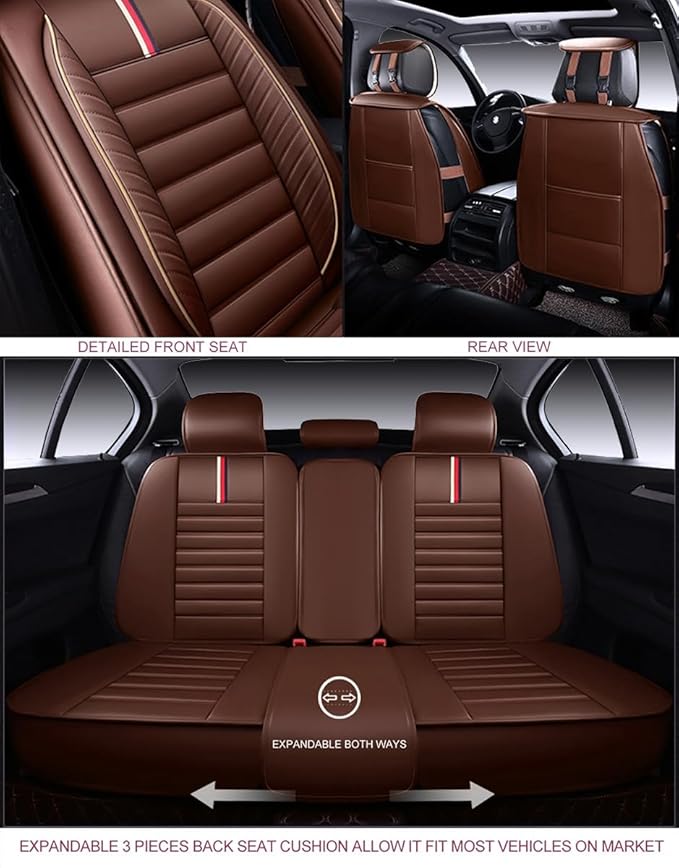 OASIS AUTO Car Seat Covers Premium Waterproof Faux Leather Cushion Universal Accessories Fit SUV Truck Sedan Automotive Vehicle Auto Interior Protector Full Set (OS-001 Brown)