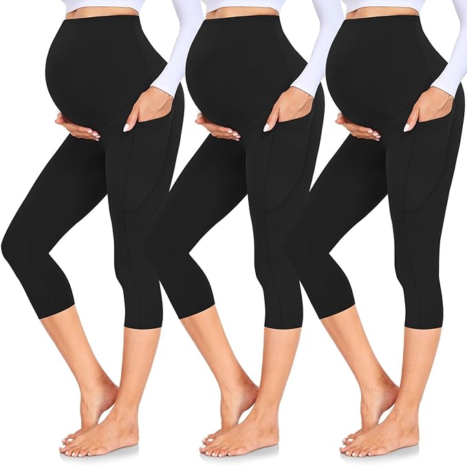GROTEEN 3 Pack Women's Maternity Leggings with Pockets Over The Belly Workout Yoga Pregnancy Pants