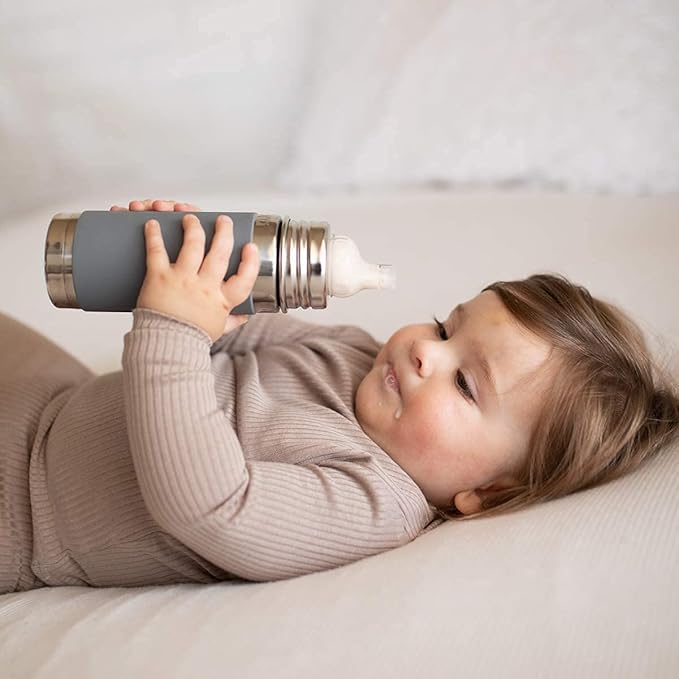Pura Kiki 9oz/260ml Stainless Steel Insulated Sippy Bottle w/Sleeve, Plastic-Free, MadeSafe Certified, Medical-Grade Silicone Sipper Spout Fast Flow Rate for Kids, Toddlers, Babies & Infant – Aqua