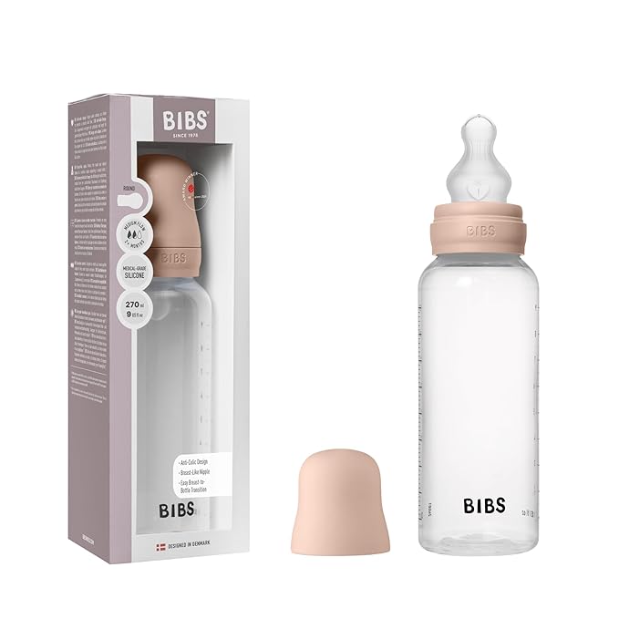 BIBS Baby Bottle 9 oz / 270 ml Silicone Nipple - Anti-Colic, BPA-Free, Round Nipple, Medium Flow, Lightweight & Easy to Clean, Suitable for Newborns 0+ Years - Blush