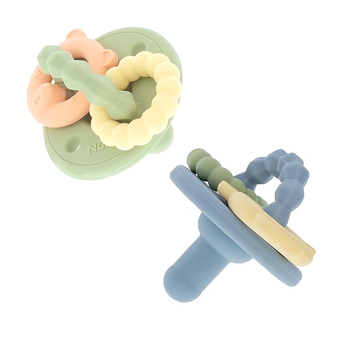 Nuby Charms Silicone Infant Pacifier and Teether Toy - 2 Pack - 0+ Months - Green and Blue