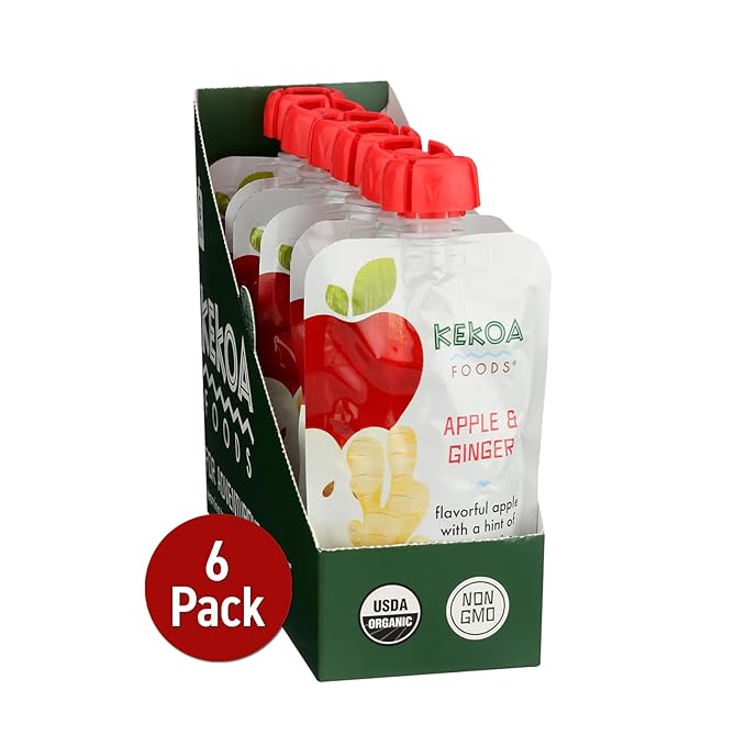 Kekoa Foods Apple & Ginger Baby Food Purée | 100% USDA Certified-Organic, No Sugar Added | Organic, Non-GMO, Gluten-Free, Vegan | Mild Ginger for Flavor Development | 3.5 oz Squeeze Pouch