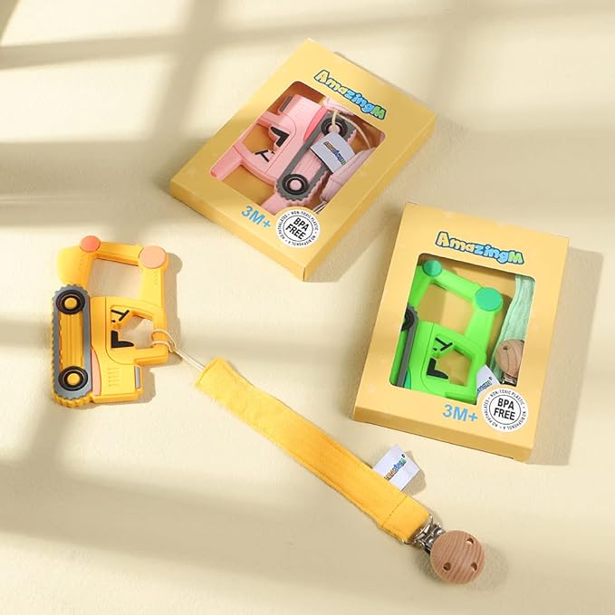 Baby Food Grade Silicone Car Teether Toy with Pacifier Clip Holder,Teething Pain Relief Toys Gift Set for 3 Months+ Boys and Girls,Freezer Safe,BPA Free (Excavator, Yellow)