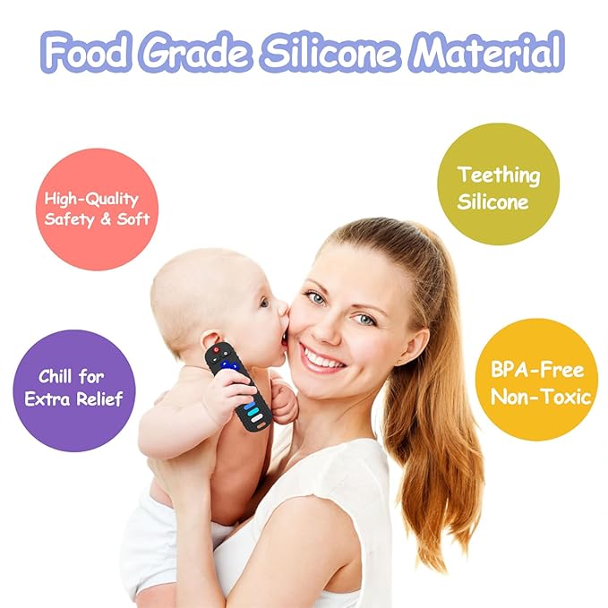 Baby Teething Toys, Food Grade Silicone Teether for Babies 3 6 12 18 Months, TV Remote Shape Toddlers Chew Toys, Freezer BPA Free (Black+Beige)