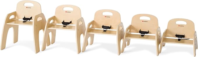 Foundations Simple Sitter 13” Low Wood Feeding Chairs, Wide No-Tip Base, Adjustable Safety Harness, Stackable Wood Toddler Chairs with Food Service Grade Finish, 2 Pack