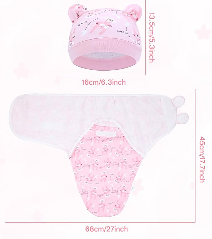 Cinaci 2 Pieces Adjustable Soft Cotton Baby Swaddle Sleep Sacks Hats Newborn Nursery Caps Beanies Bonnets Swaddle Blanket Wraps for Baby Girls Boys Infants Newborns (2PCS S3)