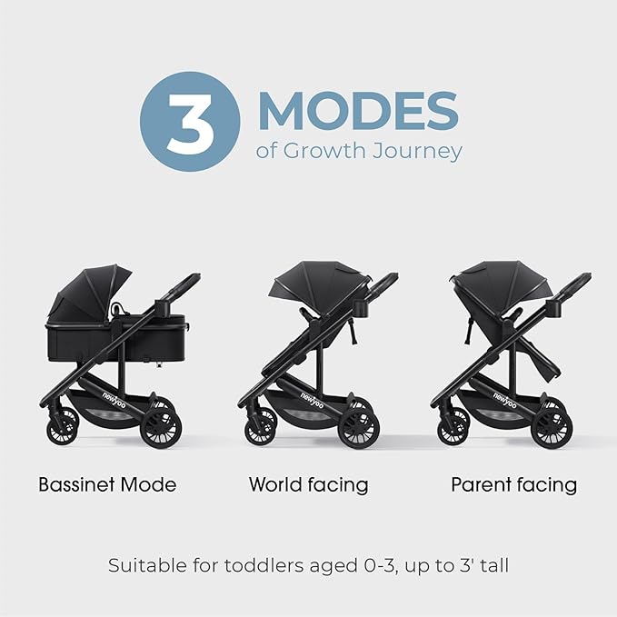 newyoo Bassinet Stroller for Infant, Nestro 516M, Convertible Baby/Toddler Strollers w Reversible Seat & Cup Holder, Coches para Bebes, 2-in-1 Rear-Facing Pram, One-Hand Quick Fold, Black