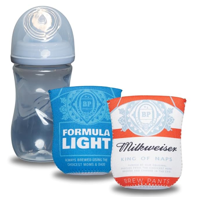 American Beer Themed Coozies for Baby Bottles - Funny Gift for New Parents & Baby Showers - (2 Premium Designed Neoprene Coozies + BPA/Lead/Phthalate Free Bottle Included)