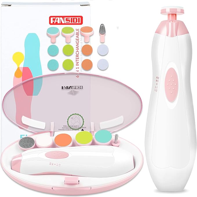 Baby Nail Trimmer Electric, FANSIDI Baby Nail File Infant Nail Clippers with 10 Grinding Pads 8 Sandpapers for Newborn Infant Toddler or Adults Toes Fingernails Care - AA Battery Operated (White/Pink)