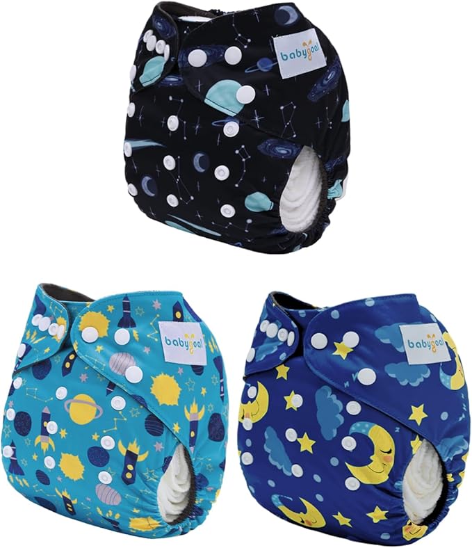 babygoal Reusable Charcoal Cloth Diapers with Double Gussets, 3 Pack Washable Baby Pocket Diapers with 3pcs Charcoal Inserts and Wet Dry Bag(Space,Moon,Star,Rocket)